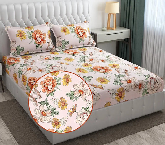 Fresh From Loom King Size Microfiber Fitted Bedsheet With Floral Print 240 TC 2 Pillow Covers Vanilla Floral Design Multicolor