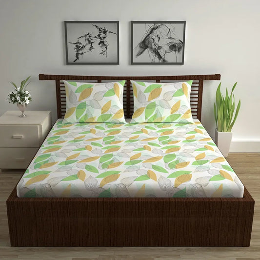 Divine Casa Double Size Bedsheet for Double Bed, 144 TC Pure Cotton Queen Size with 2 Pillow Covers Floral Colour Sage & Mustard