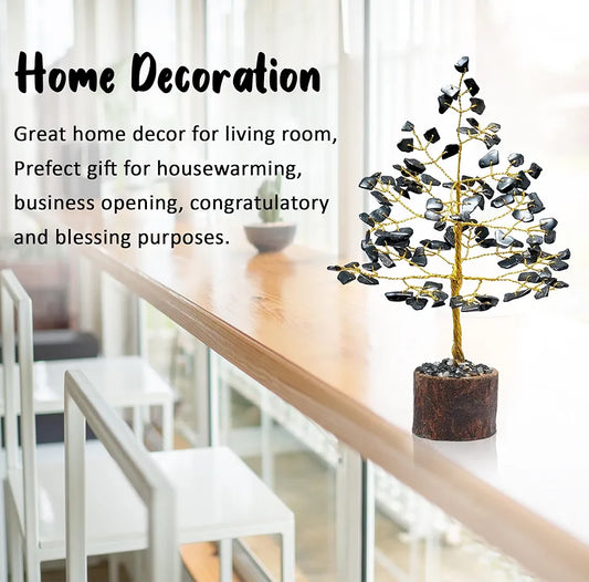 Crocon Black Tourmaline Gemstone Money Tree Feng Shui Bonsai Golden Wire