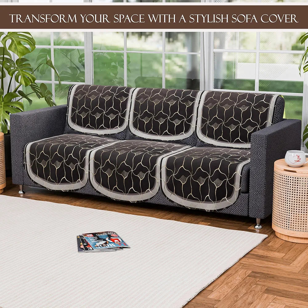Kuber Industries Set of 6 Durable 3 Seater Sofa Cover Arabica Look Brown & Golden Foil