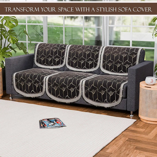 Kuber Industries Set of 6 Durable 3 Seater Sofa Cover Arabica Look Brown & Golden Foil