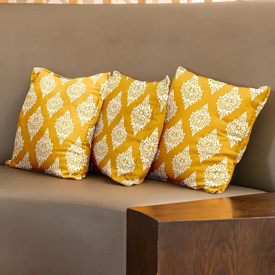 Urban Space Decorative Cotton Cushion Cover Set of 3 Cushion Covers for Sofa, Bedroom, Living Room Motif Mustard