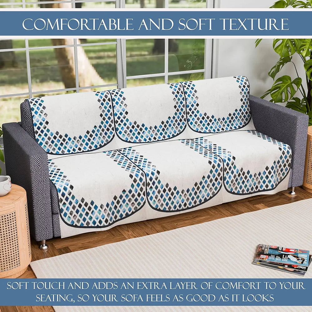 Kuber Industries Set of 6 Velvet 3 Seater Sofa Covers for Living Room Dot Border Grey & Blue