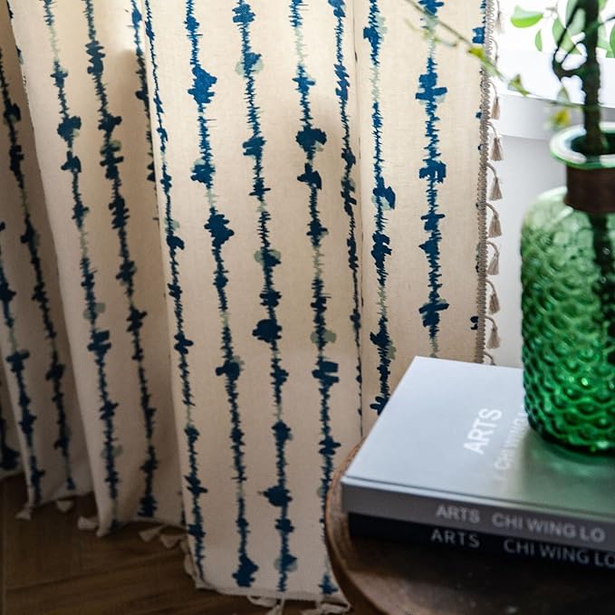 Huesland Cotton Curtains for Door, 7 Feet Long 1 Bohemian Eyelet Curtain | Blue Vertical Stripes