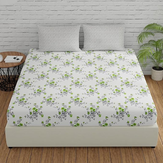 Huesland by Ahmedabad Cotton 144 TC Cotton Bedsheet for Double Bed King Size with 2 Pillow Covers | White, Green & Grey