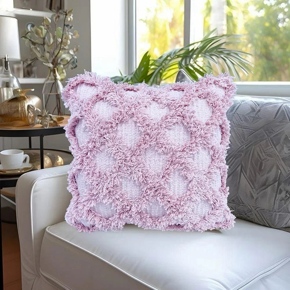 Sajavat Home Hand-Knitted Pure Cotton 3 Seater Sofa Throw & Cushion Cover Colour Beige Pastel Throw & Pink Cushion