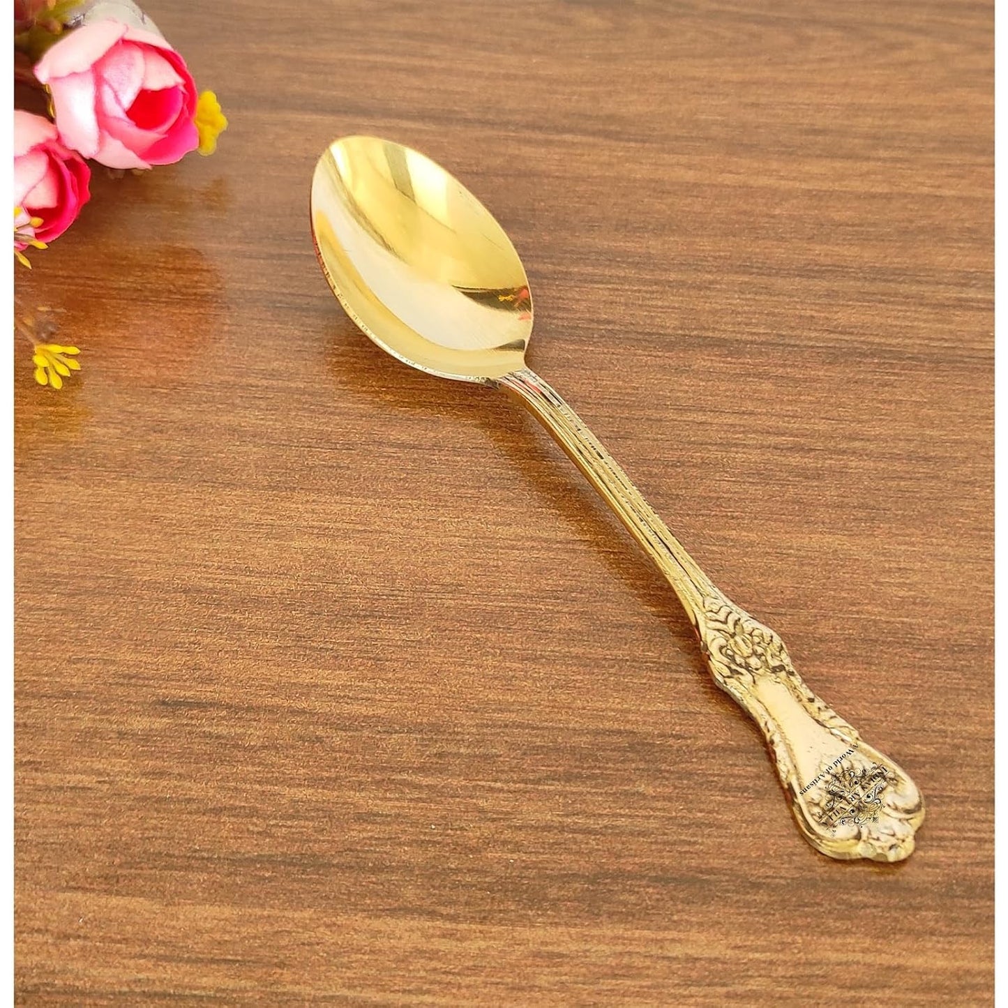 Indian Art Villa Brass Designer Spoon Tableware Home Hotel Length 6.5 Inch (Pack of 6)