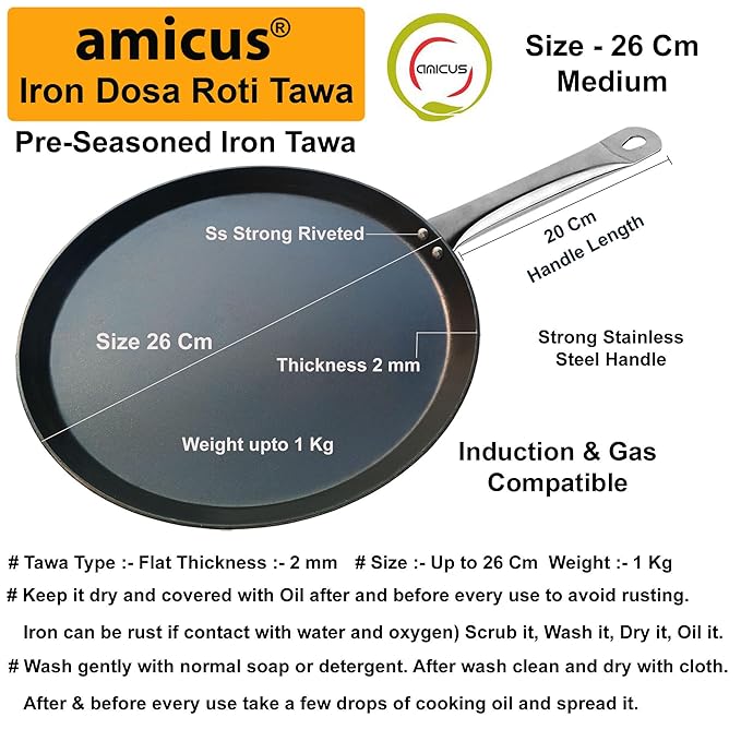 Amicus Preseasoned 26 Cm Iron Tawa for Dosa Roti Uttapam Chapati Flat Iron Tava 1 Kg Black