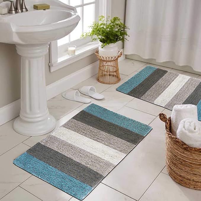 The Home Talk Cotton Stripes Bathmats Water Absorbent Runners Floor Mats Non-Slip Pack of 2 Beige Turquoise