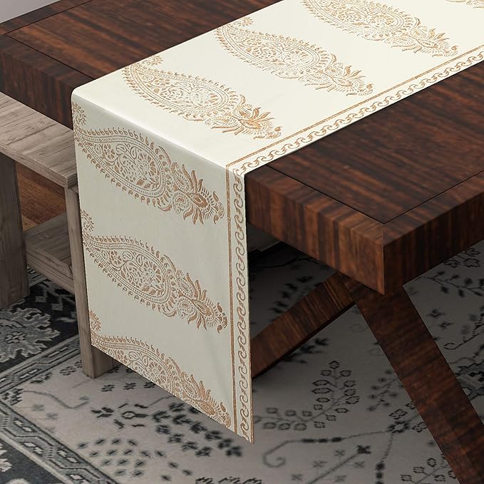Blocks Of India Hand Block Printed Cotton Table Runner for Center Dining Table Golden Paisley