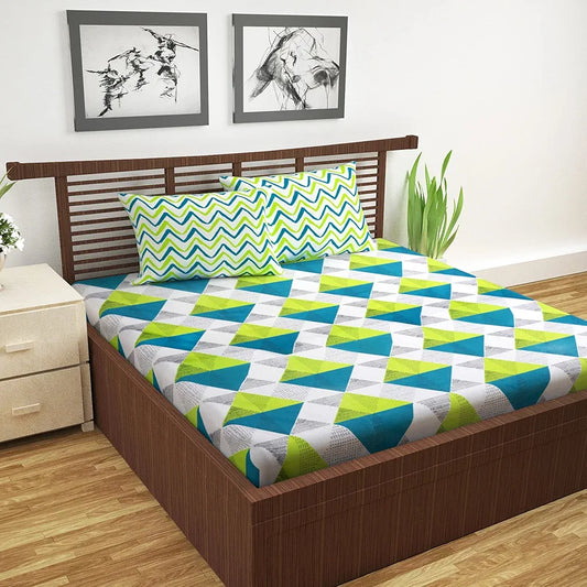 Divine Casa 144 TC 100% Cotton Double Bedsheet with 2 Pillow Covers Floral Pattern Colour Sky Blue & Lemon