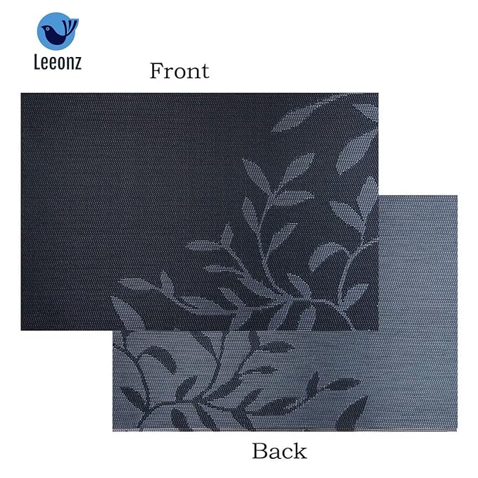 Leeonz Non-Slip Heat Resistant Washable Crossweave Woven Vinyl PVC Place mats Black Set of 6pcs