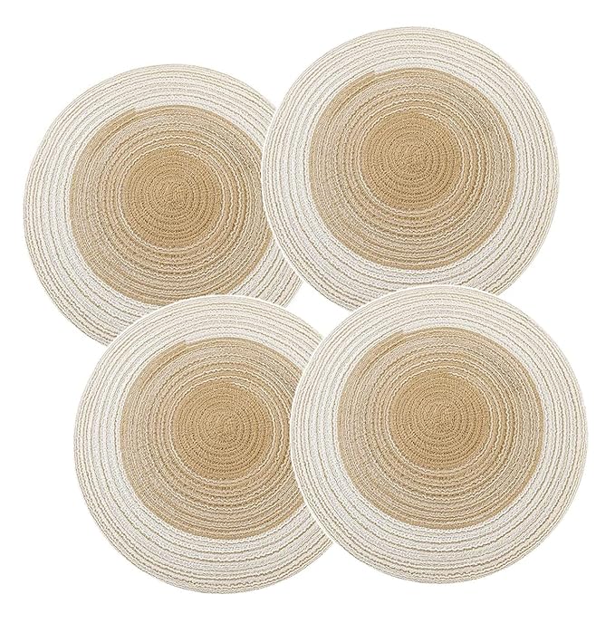 Spatlus Jute Placemats Set of 4 Heat Resistant Round Place Mats Natural Jute Gold Table Mats
