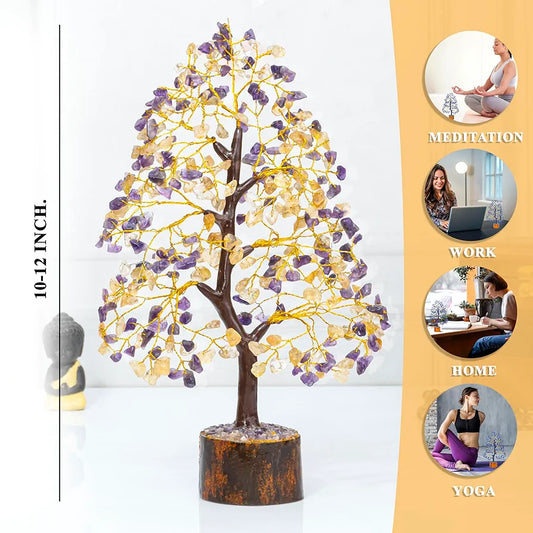 HindCraft Amethyst & Citrine Crystal Tree Golden Wire 10-12 inch