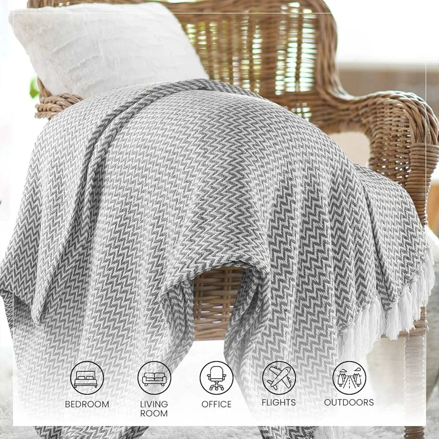 Sashaa World Chevron Throw Blanket Handwoven with Fringes Colour Grey