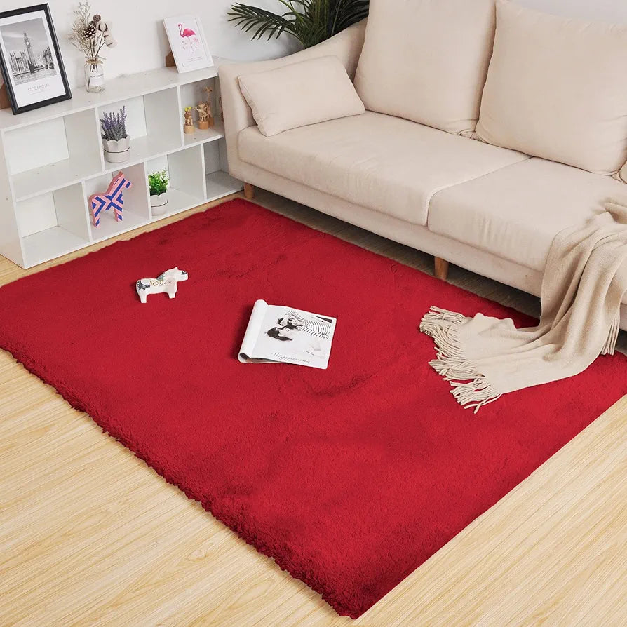 Luxe Home International Rabbit Fur Rectangular Carpet Soft Anti Slip Skid Ruffle Mats 4X6 Feet Colour Maroon