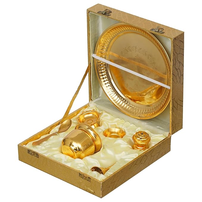 Ecraftindia Golden Decorative Puja Thali Set With Diya Ghanti Kalash Spoon Agarbatti Stand Bowl | Aarti Thali for Puja