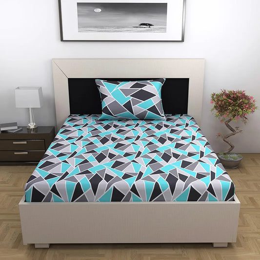 Divine Casa Bedsheet for Single Size Bed 144 TC Cotton Bedsheet for Single Size Bed with 1 Pillow Cover Geometric Colour Aqua Grey