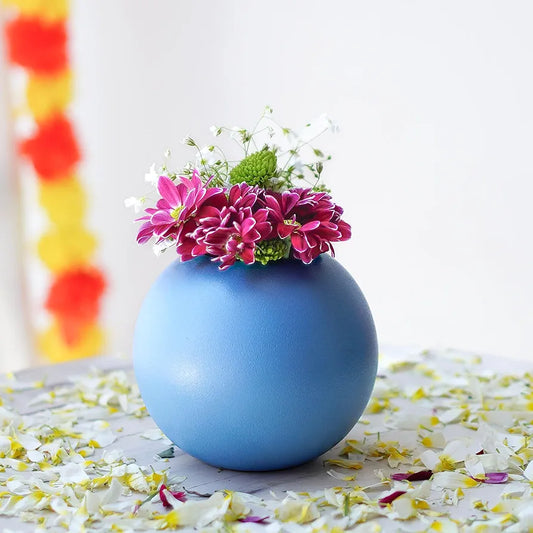 Behoma Metal Ball Round Flower Vase Blue Small Flowers not Included