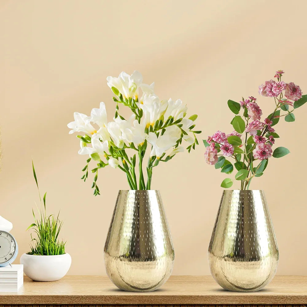Behoma Drop Shape Metal Hammered Flower Vase Golden 2 Pcs Flowers not Included