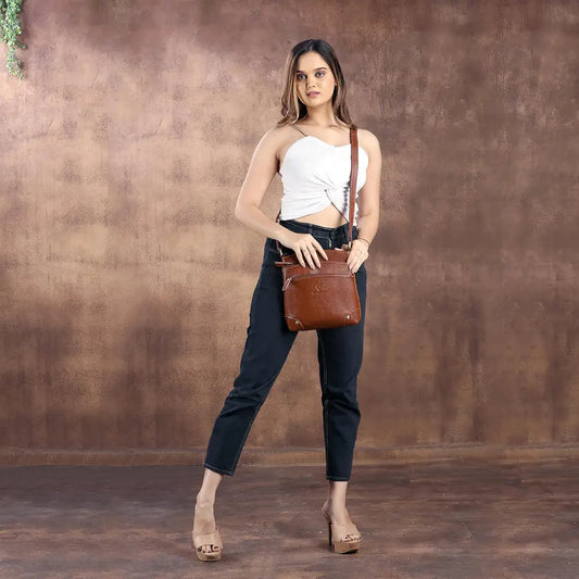 Goatter Genuine Leather 9.5" Inch Sling Cross-BodyBag for Girls And Women,