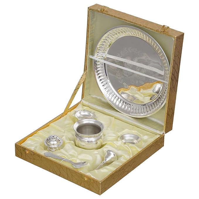 Ecraftindia Silver Pooja Thali Set With Diya, Ghanti, Kalash, Spoon, Agarbatti Stand, Bowl