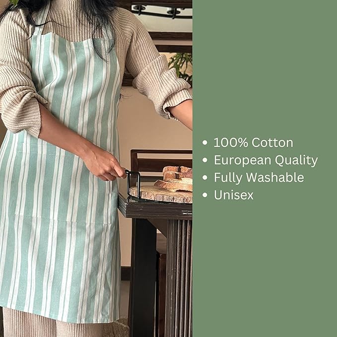 Oak & Lily Cotton Kitchen Apron Fully washable with large front pocket Green Striped