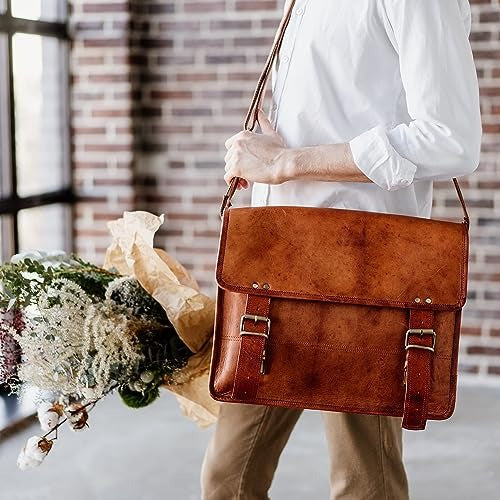 Craftshades – 11*15 Inch | Single Pocket Handcrafted Vintage Goat Leather Laptop Bag Leather Bag | 100% Genuine Leather