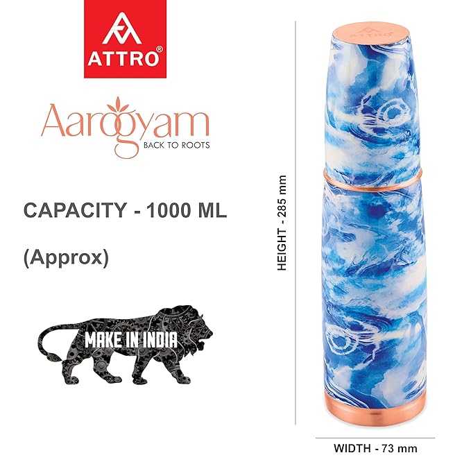 Attro Aarogyam Jal 1000ml Blue Ocean Designer Joint less Copper Water Bottle