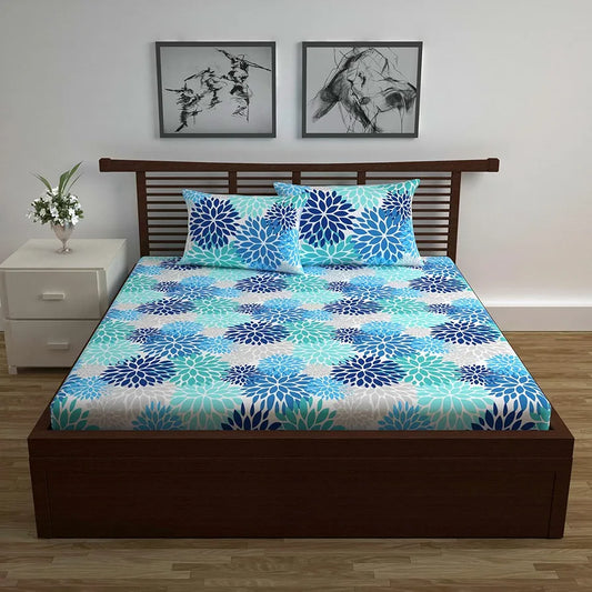 Divine Casa 144 TC Super Soft 100% Cotton Bedsheet for Double Bed 144 Thread Count Floral Colour Blue Aqua