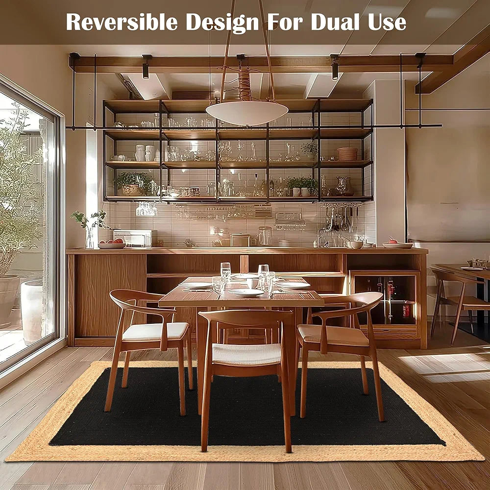 Kuber Industries 3x5 Feet Reversible Carpets for Living Room Machine Washable Border Black & Beige