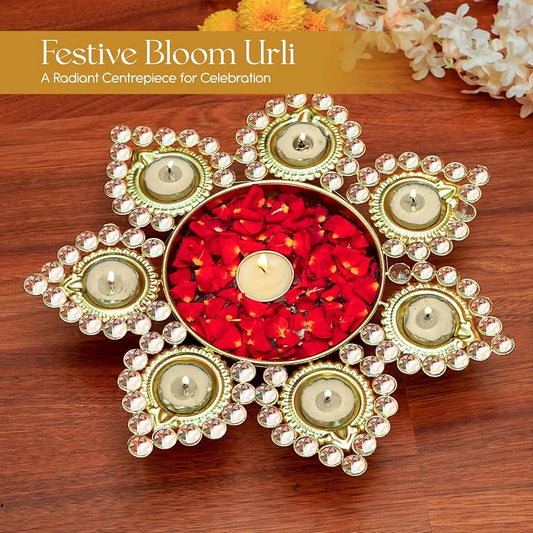 Ekhasa Urli Bowl with Tealight Candle Holder Gold Urli