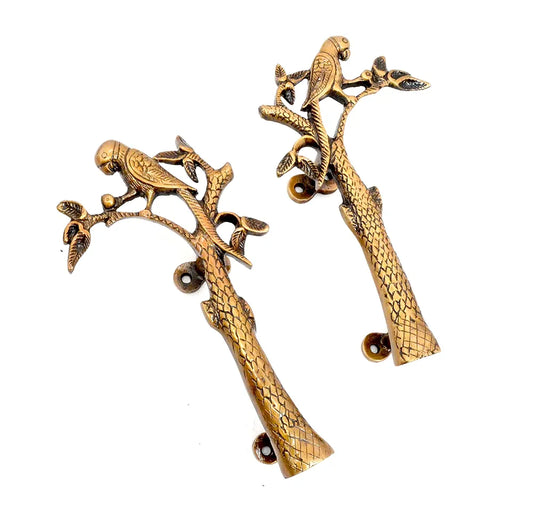 Two Moustaches Brass Parrot on Tree Design 8 Inches Brass Door Handle Pair