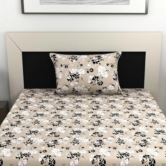 Divine Casa Bedsheet for Single Size Bed 144 TC Cotton Bedsheet for Single Size Bed with 1 Pillow Cover Floral Colour Beige Sunflower