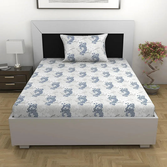 Divine Casa Bedsheet for Single Size Bed 144 TC Cotton Bedsheet for Single Size Bed with 1 Pillow Cover Floral Colour Grey Blue