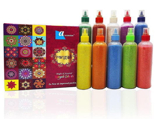 Ascension 10 Rangoli Powder Colors Bottles 4 Stencils and 2 Fillers Design Creativity Diwali Floor Rangoli Art Colours