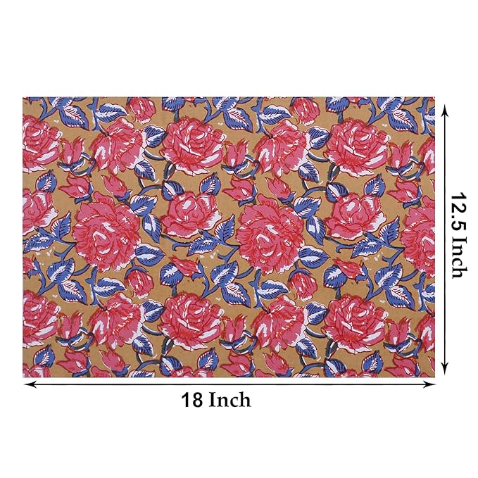 Texstylers Cotton Canvas Block Printed Jaipuri Rajasthani 1 Table Runner and 8 Placemat Set Mustard Red