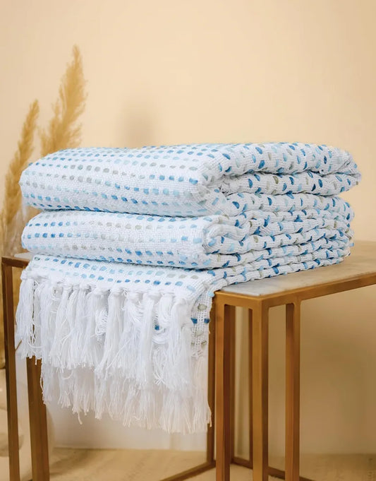 Sajavat Home Hand-Knitted Pure Cotton 3 Seater Sofa Throw with Cushion Cover Colour Egyptian Cushion & Multi Blue Throw