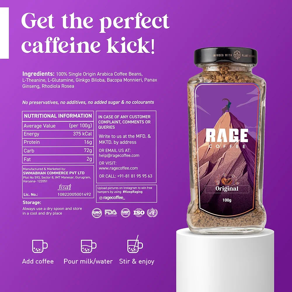 Rage Coffee Original Coffee Blend 100% Pure Arabica Beans | Instant Coffee for Smooth Aroma & taste, Hot and cold coffee)