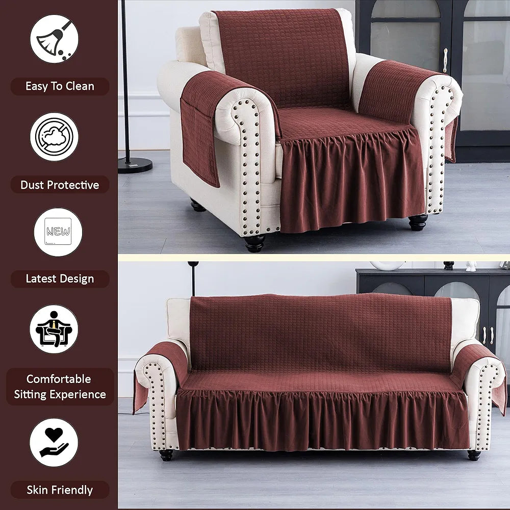 Kuber Industries Soft Velvet Quilted Single Seater Sofa Cover with Pocket Arms Frill Maroon