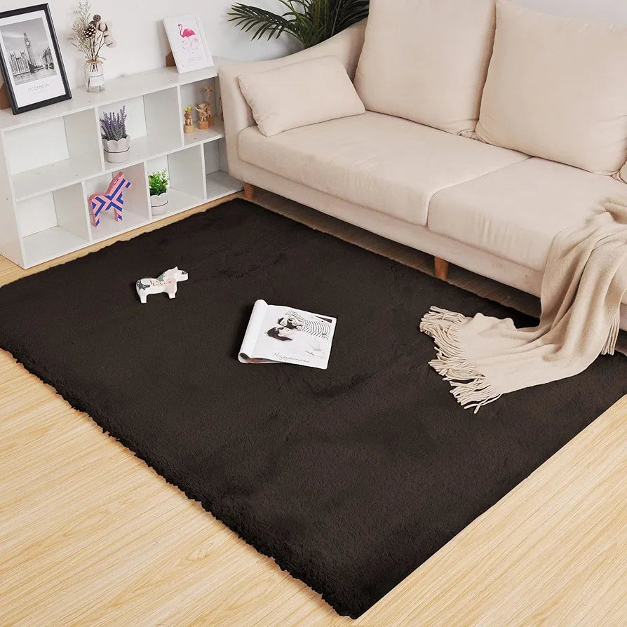Luxe Home International Rabbit Fur Rectangular Carpet Soft Anti Slip Skid Ruffle Mats 4X6 Feet Colour Chocolate