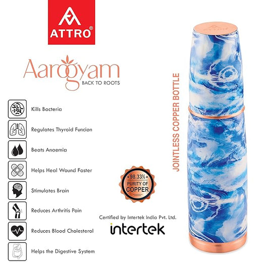 Attro Aarogyam Jal 1000ml Blue Ocean Designer Joint less Copper Water Bottle