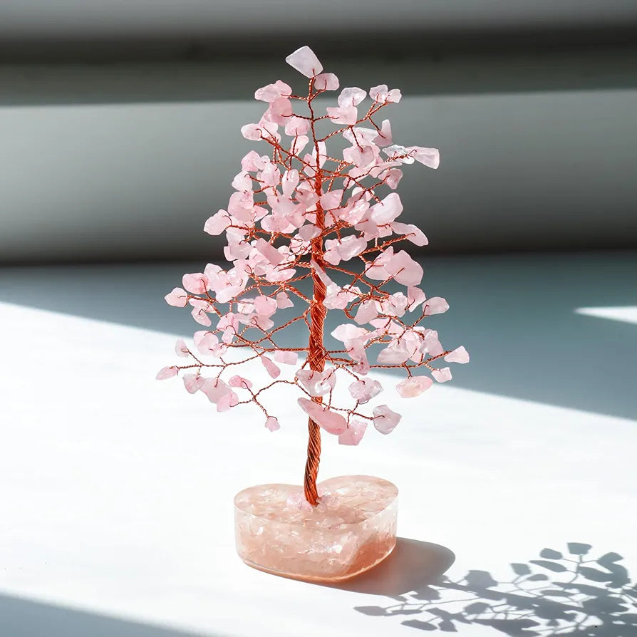 Zaicus Rose Quartz Crystal Bonsai Tree with Heart Base – Handmade Feng Shui Tree