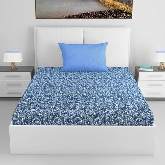 Divine Casa 144 TC 100% Pure Cotton Single Size Bedsheet with 1 Pillow Cover Floral Paisley Colour Beige Blue