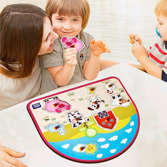 Mini Leaves Animal Barnyard Wooden Pegged Puzzle for 2+ Years Kids | Montessori Wooden Toys | Shape Sorter