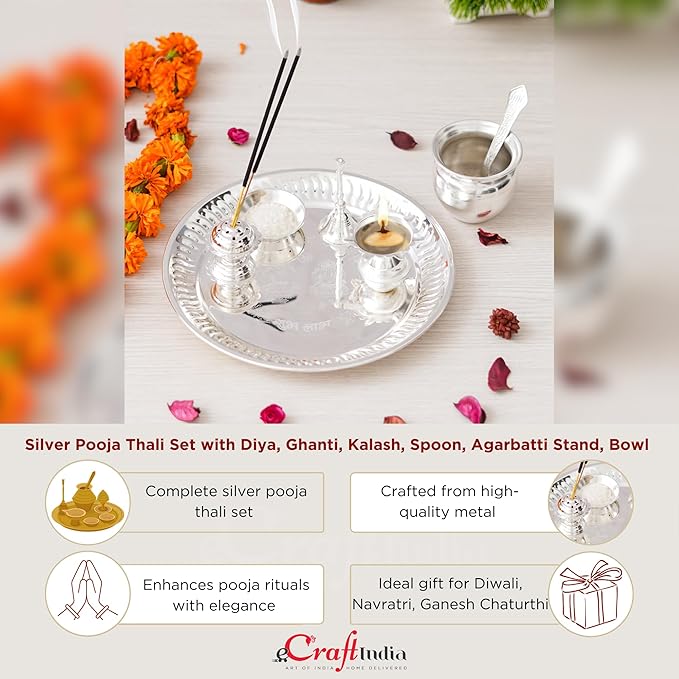 Ecraftindia Silver Pooja Thali Set With Diya, Ghanti, Kalash, Spoon, Agarbatti Stand, Bowl