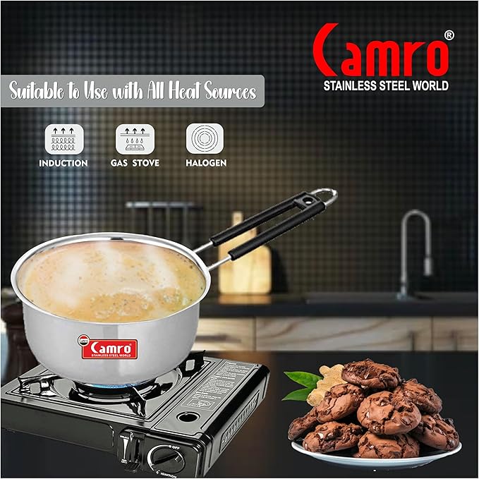 Camro Induction Bottom Deep Sauce Pan 10 No 1.1 Liters Gas Stove Compatible Dishwasher Safe