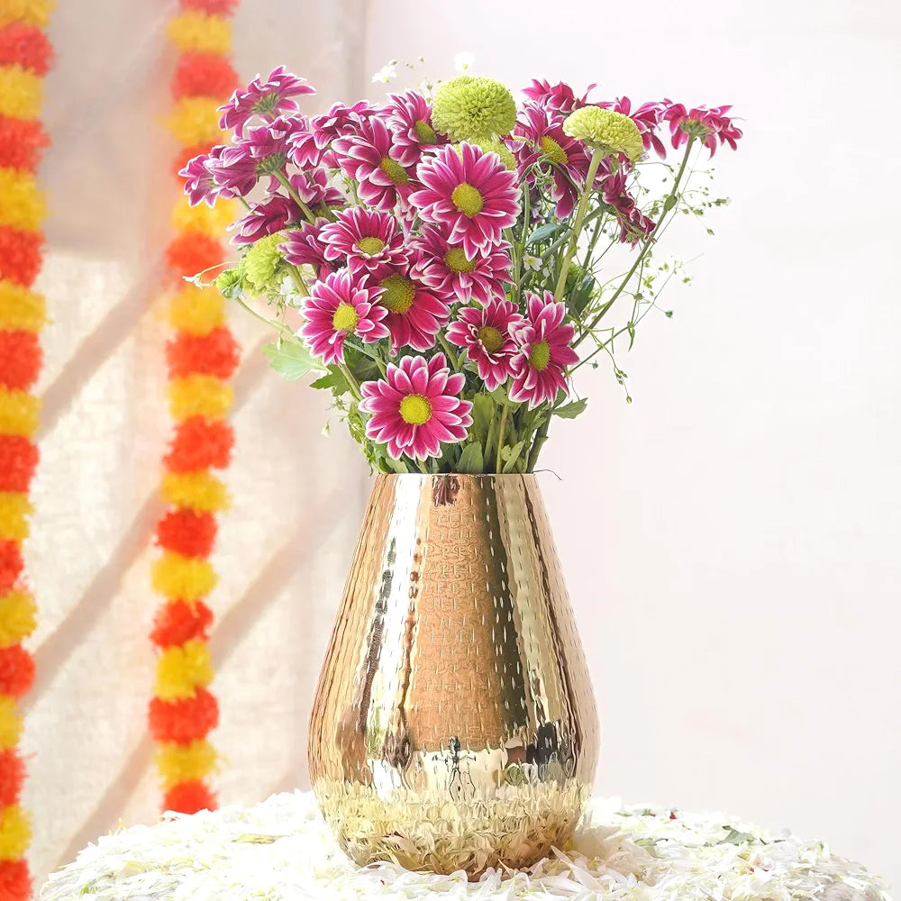 Behoma Drop Shape Metal Hammered Flower Vase 7.5 inches Golden 1 Pc Flowers not Included