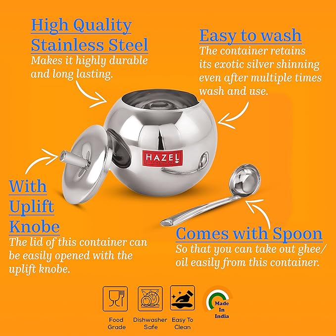 Hazel Stainless Steel Oil and Ghee Container With Spoon for Kitchen 320 ml Capacity