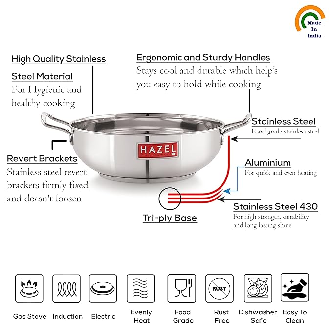 Hazel Induction Base Kadai Kadhai 22 cm with 2500 ml Capacity Stainless Steel with Steel Lid Cover
